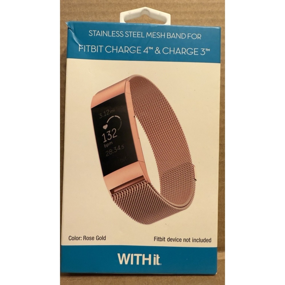 WITHit Rose Gold Stainless Steel Mesh Band for Fitbit Charge 4" & Charge 3 NEW